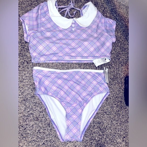 Hot Topic Kawaii Pink & Purple Plaid Collared Swim Top & High waisted bottoms - Picture 6 of 13